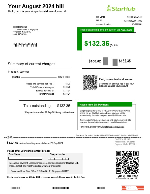 Singapore StarHub business utility bill template in Word and PDF formats